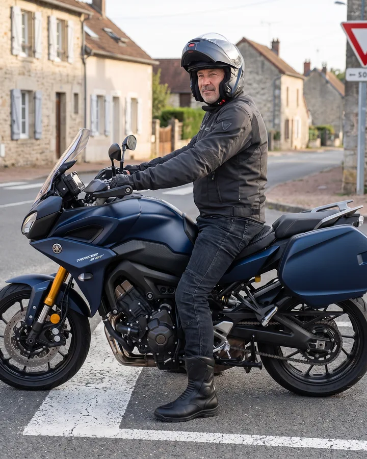 Rider stopped at a junction, feet flat on the ground, SelleZen cushion on his seat